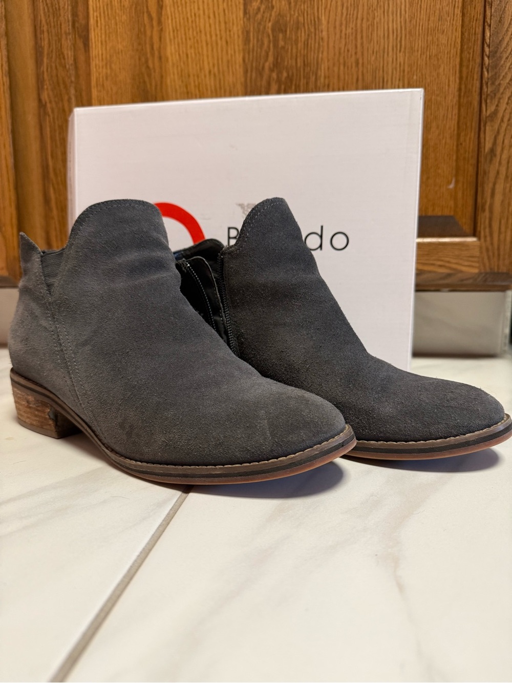 Blondo Dark Grey Suede Low Heel Ankle Booties